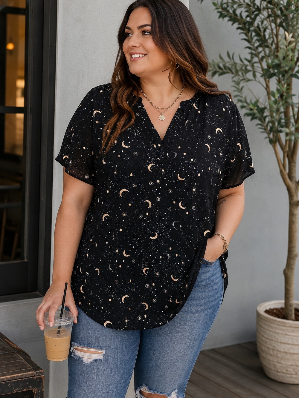 Torrid Celestial Moon & Stars V-Neck Blouse Size 3 Black Plus Size Sheer Tunic